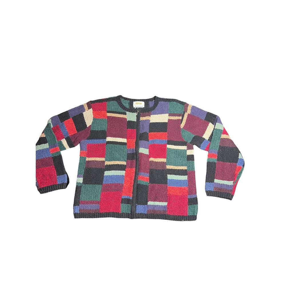 Talbots Hand Knit Patchwork Zip Front Cardigan Sweater Women's Geometric